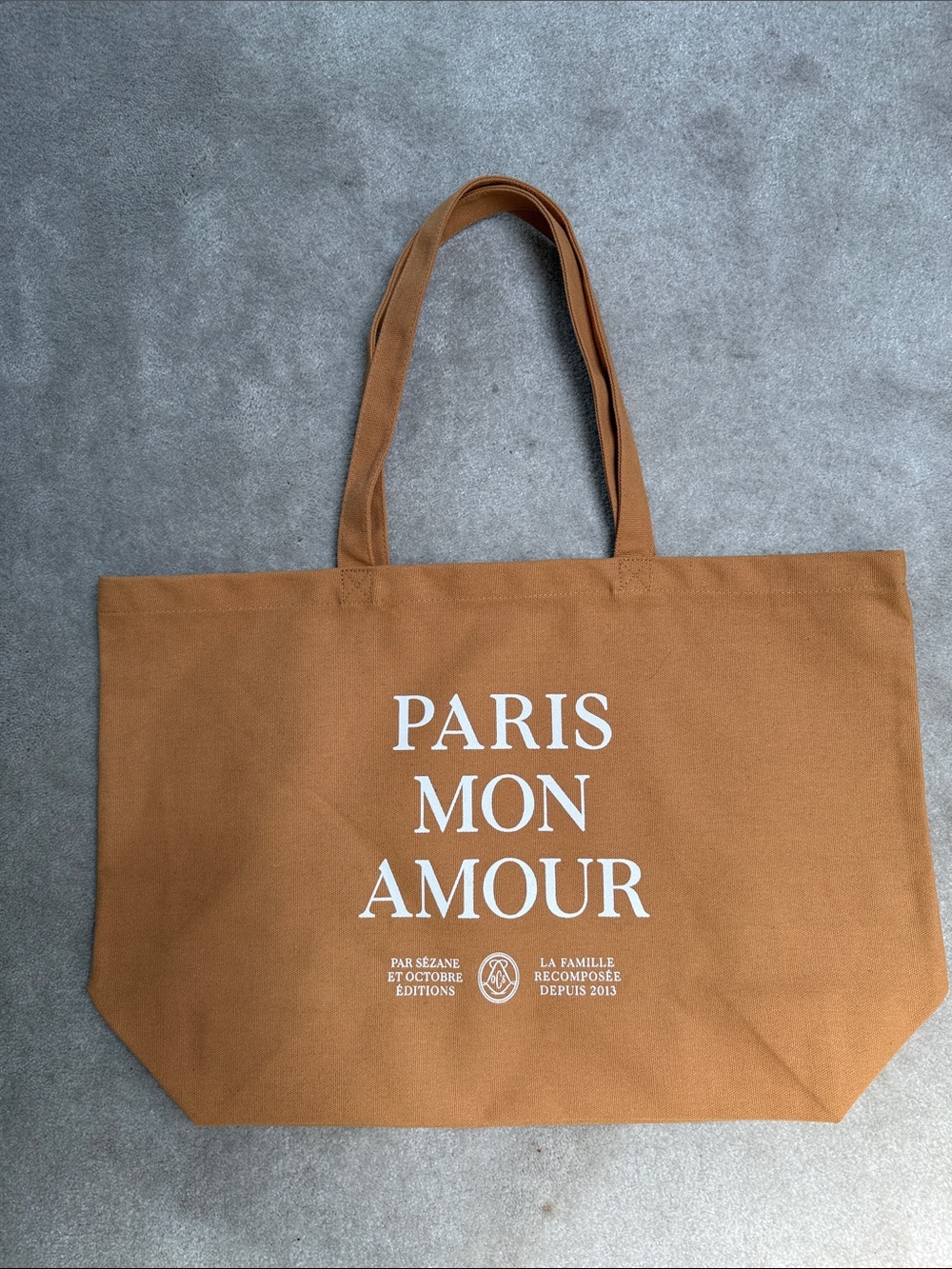 Sézane Paris Mon Amour Tote Bag in Camel with White Print